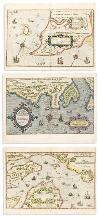("WAGGONERS".) Lucas Janszoon Waghenaer. Group of 4 decorative sixteenth-century hand-colored double-page engraved navigational charts.